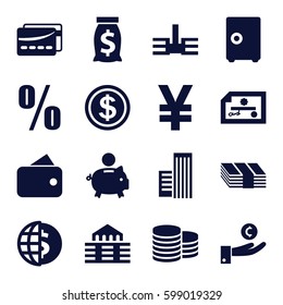 bank icons set. Set of 16 bank filled icons such as Coin, building, card, percent, dollar coin, wallet, piggy bank, money sack, money, safe, hand on coin, globe dollar, check