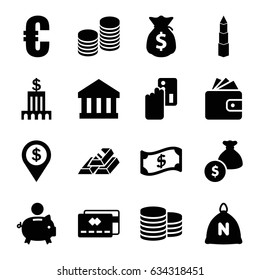 Bank icons set. set of 16 bank filled icons such as sack, coin, wallet, building, coin, money sack, money bag, gold bar, crown, dollar location, credit card, euro