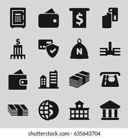 Bank icons set. set of 16 bank filled icons such as sack, wallet, atm money withdraw, safe, bank, building, money, creadit card payment, card protection, globe dollar