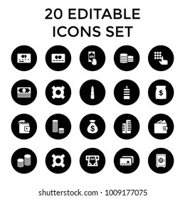 Bank icons. set of 20 editable filled bank icons such as credit card, coin, money sack, atm money withdraw, wallet. best quality bank elements in trendy style.