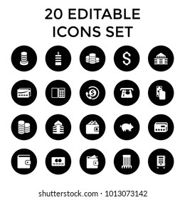 Bank icons. set of 20 editable filled bank icons such as pig, coin, atm money withdraw, credit card, cash payment, building, card. best quality bank elements in trendy style.