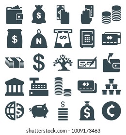 Bank icons. set of 25 editable filled bank icons such as sack, coin, wallet, money sack, money box, cash payment, credit card, coin, check, safe, building, court building
