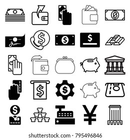Bank icons. set of 25 editable filled and outline bank icons such as cash payment, dollar card, building, money dollar, dollar gear, atm money withdraw, wallet, bank support