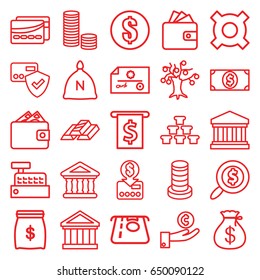 Bank icons set. set of 25 bank outline icons such as sack, money sack, atm money withdraw, wallet, bank, court building, builidng, card, search dollar, card protection
