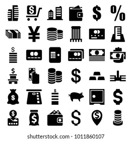 Bank icons. set of 36 editable filled bank icons such as credit card, coin, money sack, dollar, cash payment, put money on card, yuan, credit card in atm, percent, building