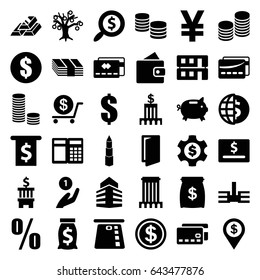 Bank icons set. set of 36 bank filled icons such as wallet, door, dollar, house building, building, card, coin, search dollar, percent, gold bar, money sack, bank, credit card