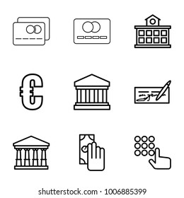 Bank icons. set of 9 editable outline bank icons such as court, euro, cash payment, check, hand on atm, court building, building