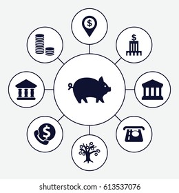 Bank icons set. set of 9 bank filled icons such as pig, ATM money withdraw, court building, dollar location, money tree