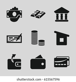 Bank icons set. set of 9 bank filled icons such as Wallet, bank, house building, card, wallet, check, money in hand, coin