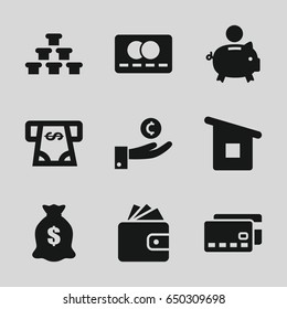 Bank icons set. set of 9 bank filled icons such as credit card, wallet, atm money withdraw, money sack, house building, piggy bank, hand on coin