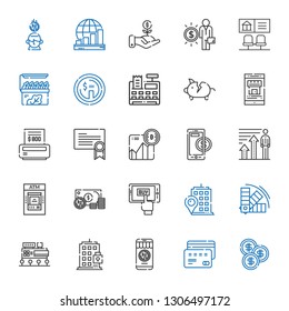 bank icons set. Collection of bank with coin, credit card, money, building, mall, color, mobile shopping, atm, profits, online payment, bitcoin. Editable and scalable bank icons.