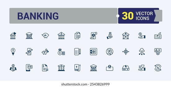 Bank icons set in line style. Contains such icons as credit, bank, business, chart, loan and more. Minimal linear icons. Vector icons editable stroke.