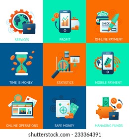 Bank icons set with services profit offline payments time is money isolated vector illustration