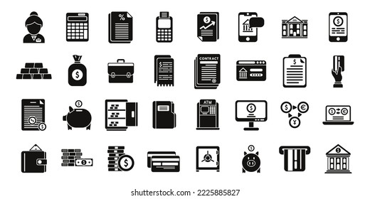 Los iconos del banco establecen un vector simple. Digital en línea. Servicio de finanzas