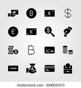 Bank icons set. Vector illustration coins, credit card, closed and pound sterling