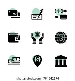 Bank icons. vector collection filled bank icons set.. includes symbols such as money, money location, wallet, credit card, bank. use for web, mobile and ui design.