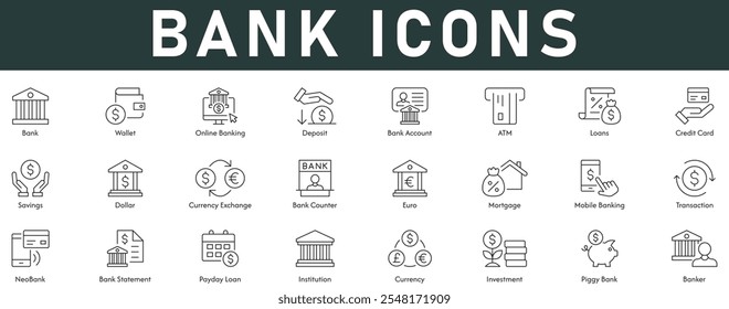Bank Icons Vektorgrafik mit dünnen Linie editierbaren Strich enthalten Geldbeutel Online-Banking Depot-Konto ATM Darlehen Kreditkarte Ersparnis Dollar Euro Währungsumtausch Hypothek Transaktion