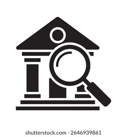 Ícone de inspeção bancária com lupa para auditoria financeira Um símbolo de glifo para análise de pesquisa de investigação e verificação de segurança de uma instituição