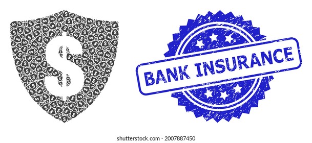 El seguro bancario corroyó el sello y el escudo de mosaico de recursión vectorial en dólares. El sello azul contiene el pie de foto de Bank Insurance dentro de rosette.