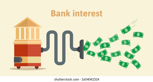 Bank interest concept. Bank like a vacuum cleaner sucks money from people. Flow of money goes to bank. Business vector illustration, flat design, cartoon style, isolated background.