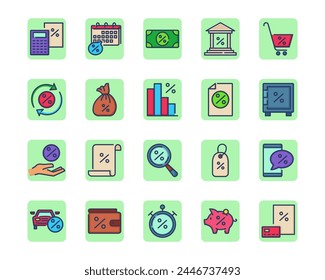 Bank interest line icon set. Loan product with percent sign, mortgage, debt, car credit, calculator, payment schedule, discount. Vector icon collection for economic, money, finance, investment topics
