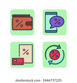 Bank interest rate line icon set. Wallet, credit card, SMS, loan interest repayment. Bank deposit, debt and investment concept. Vector illustrations for web design and apps