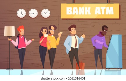 Bank interior atm poster with young man couple businessman characters waiting in queue for cash vector illustration 