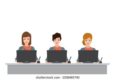 Bank interior with cashier operator woman sitting. Financial counter service. Illustration vector flat people design.