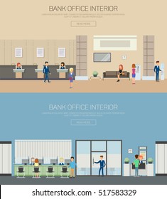 Bank interior or department with cashier. Reception with workers or managers, businessman inside bank with atm or cash dispenser. Credit or deposit theme, building interior or consulting theme