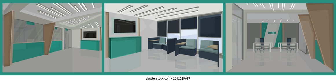 Diseño interior de banco con colores verdes. Sillas de espera