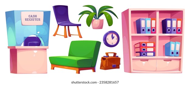 Bank interior furniture and equipment set. Cartoon vector cash register with glass window and computer monitor, sofa and chair for customers, cabinet with shelves and folders, clock and briefcase.