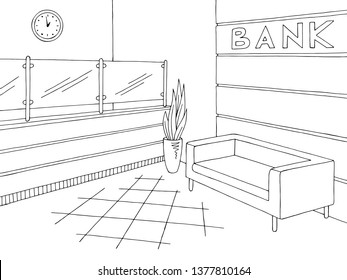 Bank interior graphic black white sketch illustration vector
