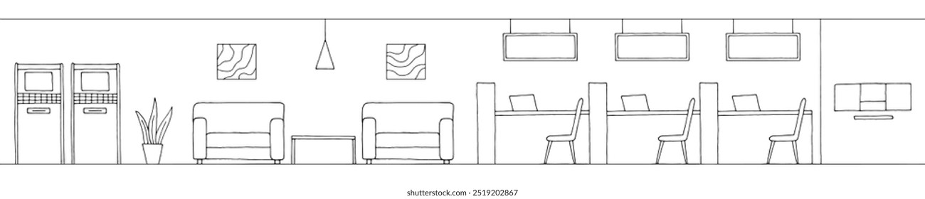 Bank Interieur Grafik schwarz weiß Skizze lange Illustration Vektor 