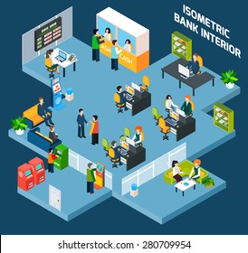 Bank Interior Isometric With 3d Office And Business People Vector Illustration