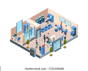 Bank interior isometric. Business financial offices with different banking workers managers and clients customers dialogue vector people