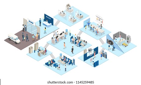 Bank interior isometric. People standing in the bank office and making financial operations with money. Reception, money exchange and credit department. Isolated vector illustration