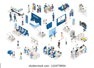 Bank interior isometric. People standing in the bank office and making financial operations with money. Reception, money exchange and credit department. Isolated vector illustration