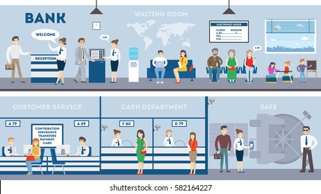 Bank interior set with visitors and workers. Waiting room, safe, customer service and cash department.