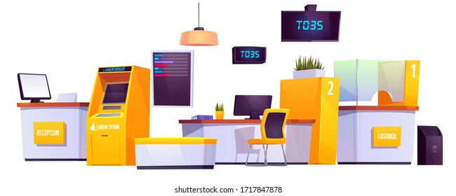 Bank interior stuff with ATM, automated teller machine, reception and customer service desk, cashbox, electronics queue scoreboard, visitor seats and litter bin isolatetd cartoon vector illustration