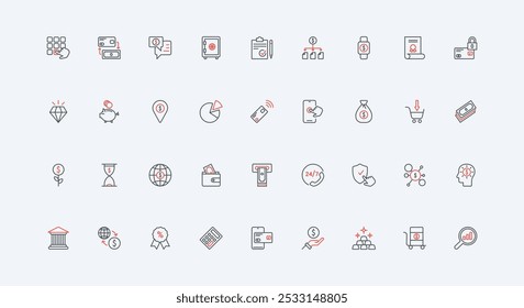 Bank investment, finance and deposit, ATM withdrawing, wallet line icon set. Premium service, credit card and capital protection and support thin black and red outline symbols vector illustration