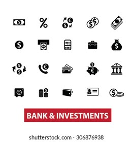 bank, investment, money, investing, accounting black isolated icons, signs, illustrations for web, application, internet on white background