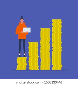 Bank investment. Personal online consultant. Young female character holding a laptop. A stack of coins. Successful business. Flat editable vector illustration, clip art