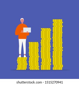 Bank investment. Personal online consultant. Young character holding a laptop. A stack of coins. Successful business. Flat editable vector illustration, clip art