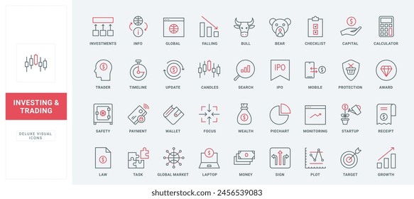 Bank investment, stock exchange trade, finance profit risk and protection line icons set. Focus on monitoring ups and downs report in market thin black and red outline symbols vector illustration