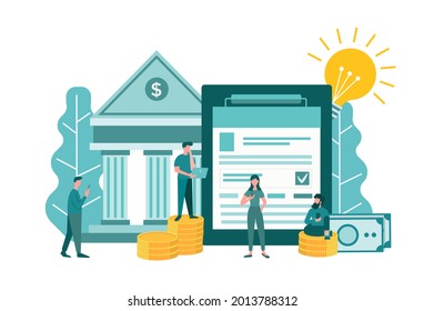 Bank investments. Credit report. The queue for a bank loan. People keep savings in the bank, business financing. Concept vector illustration