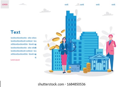 Bank Investments Proposal, bank workers, banker, Refinancing Opportunity. Vector illustration for web. ATM, Businessman, Business Owner in big city, Bank Building, Money , Credit Card Illustration 
