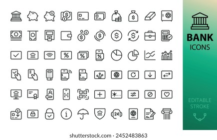 Bank isolated icons set. Set of bank building, mobile banking, piggy bank, savings, atm, safe, finance, credit card, payment, corporate account, money exchange vector icon