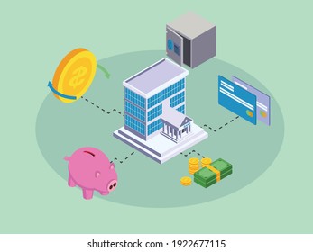 Bank isometric 3d vector concept for banner, website, illustration, landing page, flyer, etc