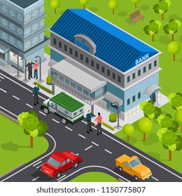 Bank isometric composition with view of city street and building with cash delivery vehicle and people vector illustration