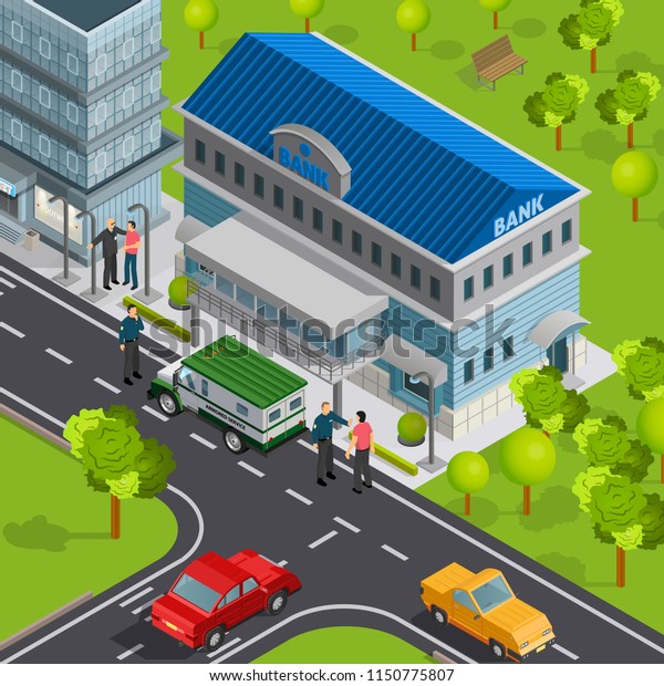 Bank\
isometric composition with view of city street and building with\
cash delivery vehicle and people vector\
illustration